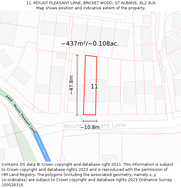 11, MOUNT PLEASANT LANE, BRICKET WOOD, ST ALBANS, AL2 3UX: Plot and title map