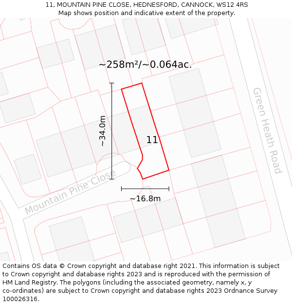 11, MOUNTAIN PINE CLOSE, HEDNESFORD, CANNOCK, WS12 4RS: Plot and title map