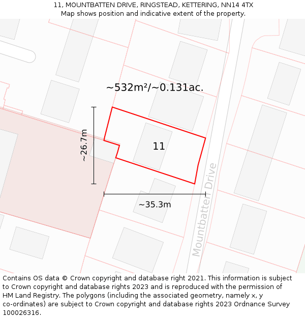 11, MOUNTBATTEN DRIVE, RINGSTEAD, KETTERING, NN14 4TX: Plot and title map