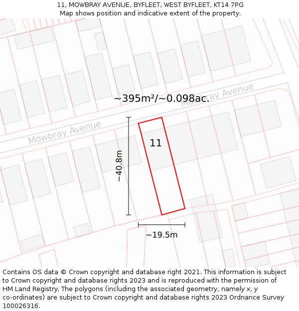 11, MOWBRAY AVENUE, BYFLEET, WEST BYFLEET, KT14 7PG: Plot and title map