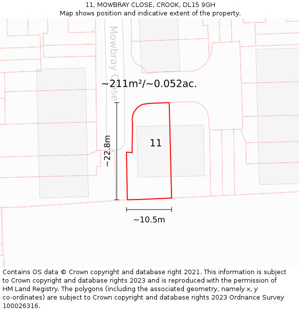 11, MOWBRAY CLOSE, CROOK, DL15 9GH: Plot and title map