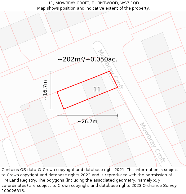 11, MOWBRAY CROFT, BURNTWOOD, WS7 1QB: Plot and title map