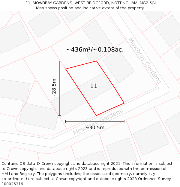 11, MOWBRAY GARDENS, WEST BRIDGFORD, NOTTINGHAM, NG2 6JN: Plot and title map