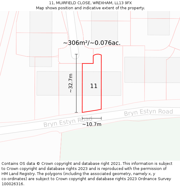 11, MUIRFIELD CLOSE, WREXHAM, LL13 9FX: Plot and title map