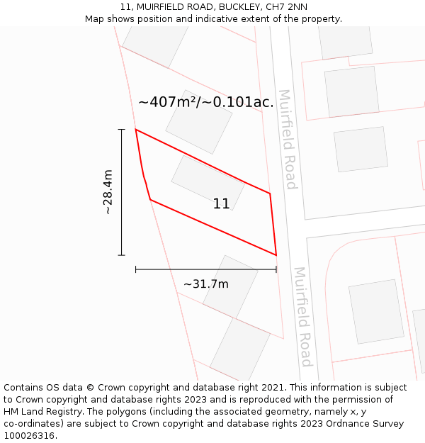 11, MUIRFIELD ROAD, BUCKLEY, CH7 2NN: Plot and title map