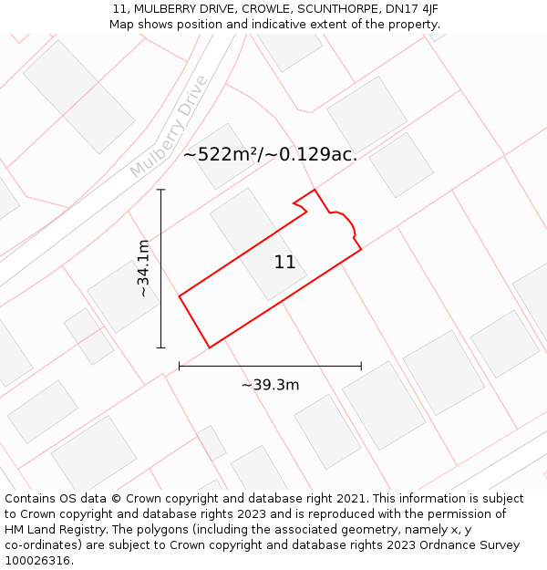 11, MULBERRY DRIVE, CROWLE, SCUNTHORPE, DN17 4JF: Plot and title map