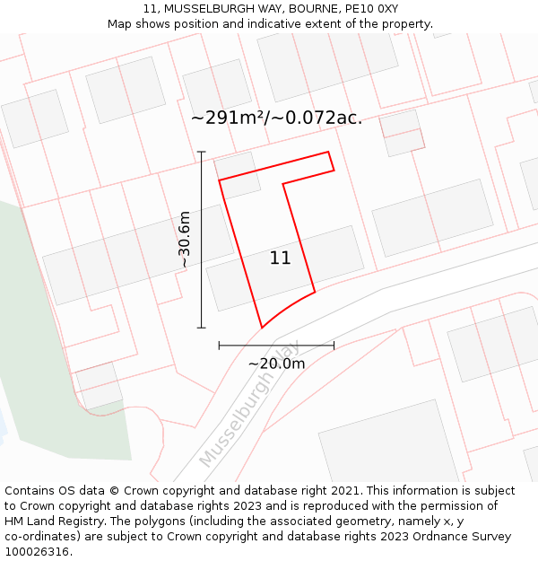 11, MUSSELBURGH WAY, BOURNE, PE10 0XY: Plot and title map