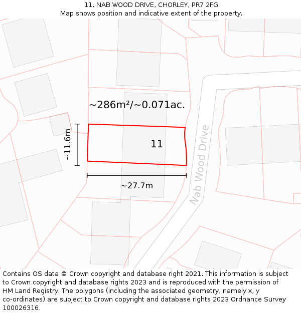 11, NAB WOOD DRIVE, CHORLEY, PR7 2FG: Plot and title map