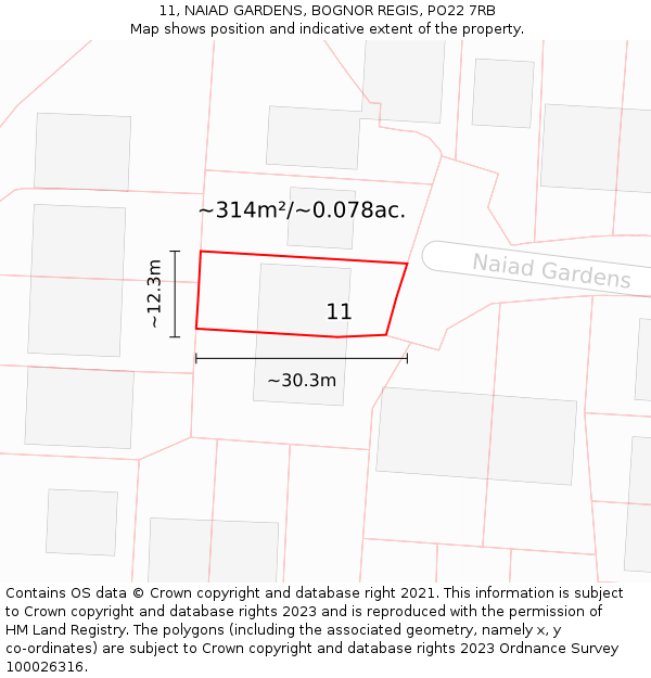 11, NAIAD GARDENS, BOGNOR REGIS, PO22 7RB: Plot and title map