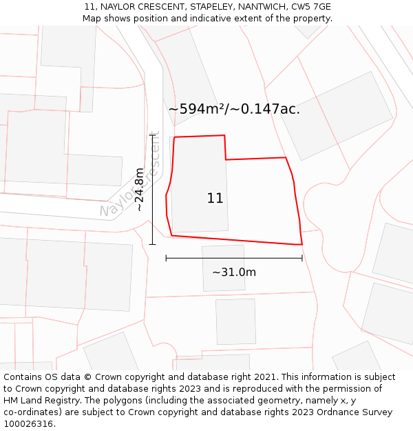 11, NAYLOR CRESCENT, STAPELEY, NANTWICH, CW5 7GE: Plot and title map