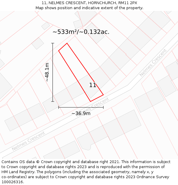 11, NELMES CRESCENT, HORNCHURCH, RM11 2PX: Plot and title map