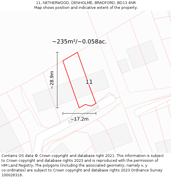 11, NETHERWOOD, DENHOLME, BRADFORD, BD13 4NR: Plot and title map