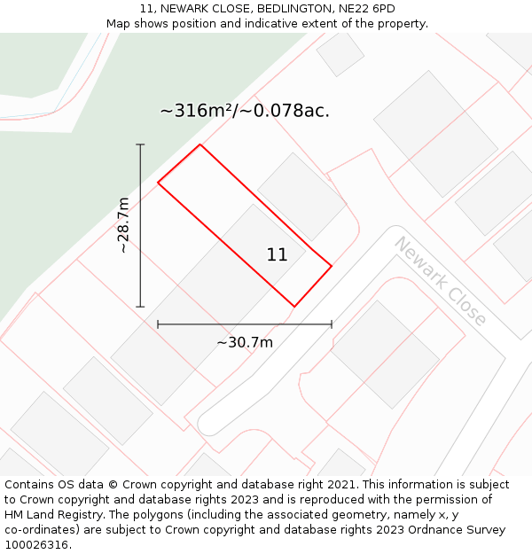 11, NEWARK CLOSE, BEDLINGTON, NE22 6PD: Plot and title map