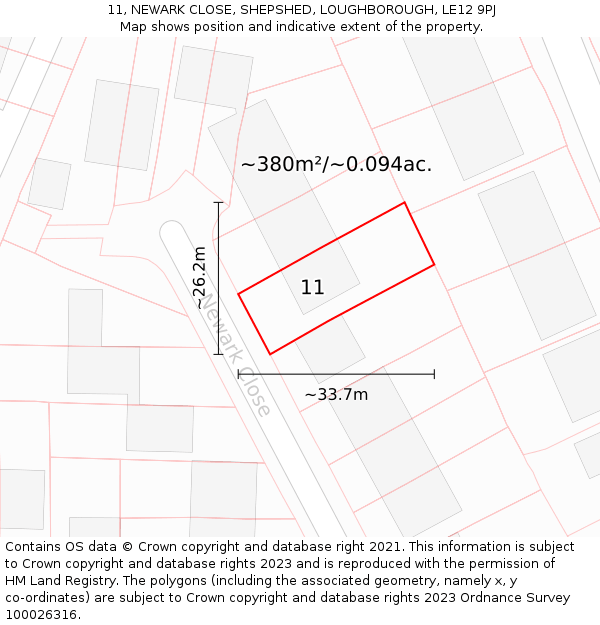 11, NEWARK CLOSE, SHEPSHED, LOUGHBOROUGH, LE12 9PJ: Plot and title map