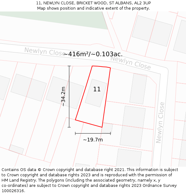 11, NEWLYN CLOSE, BRICKET WOOD, ST ALBANS, AL2 3UP: Plot and title map