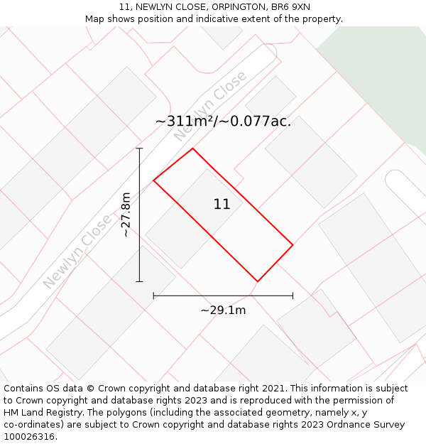 11, NEWLYN CLOSE, ORPINGTON, BR6 9XN: Plot and title map