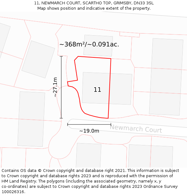11, NEWMARCH COURT, SCARTHO TOP, GRIMSBY, DN33 3SL: Plot and title map