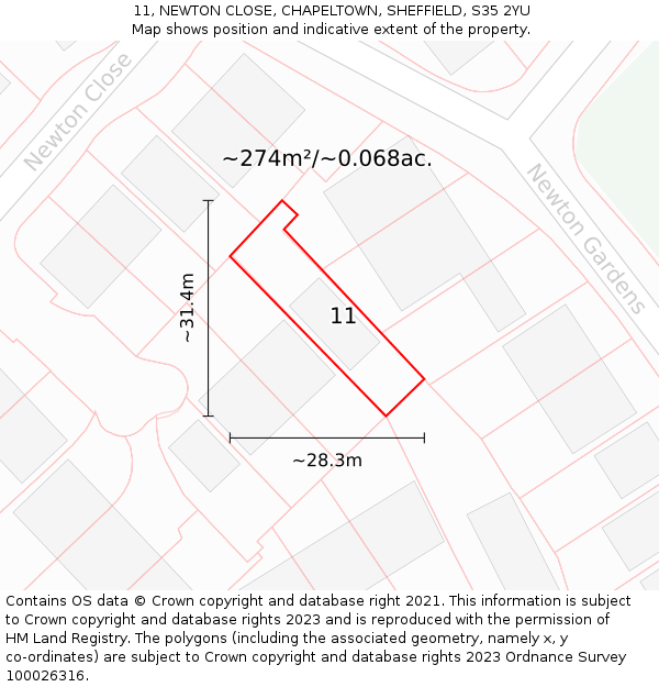 11, NEWTON CLOSE, CHAPELTOWN, SHEFFIELD, S35 2YU: Plot and title map