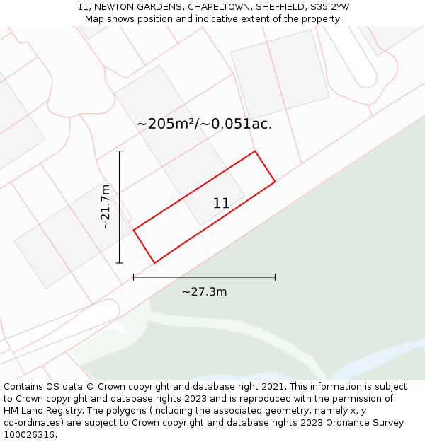 11, NEWTON GARDENS, CHAPELTOWN, SHEFFIELD, S35 2YW: Plot and title map