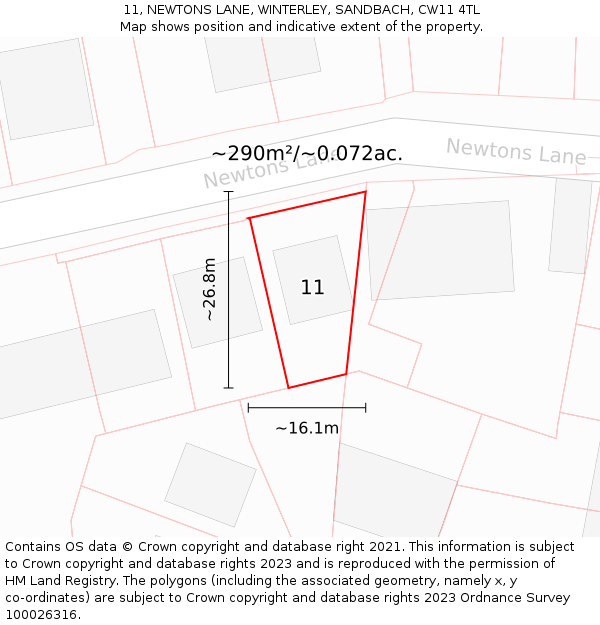 11, NEWTONS LANE, WINTERLEY, SANDBACH, CW11 4TL: Plot and title map