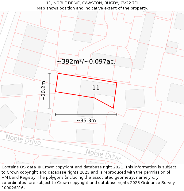 11, NOBLE DRIVE, CAWSTON, RUGBY, CV22 7FL: Plot and title map