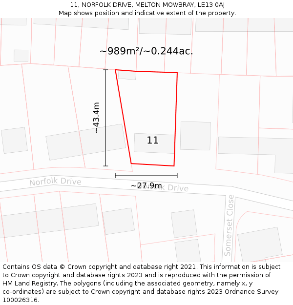 11, NORFOLK DRIVE, MELTON MOWBRAY, LE13 0AJ: Plot and title map