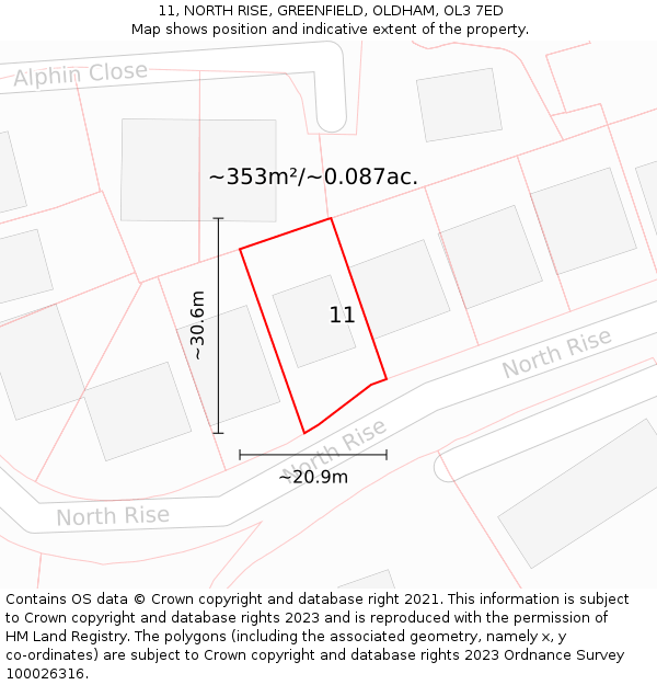 11, NORTH RISE, GREENFIELD, OLDHAM, OL3 7ED: Plot and title map