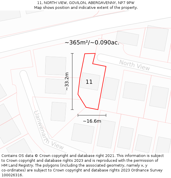 11, NORTH VIEW, GOVILON, ABERGAVENNY, NP7 9PW: Plot and title map