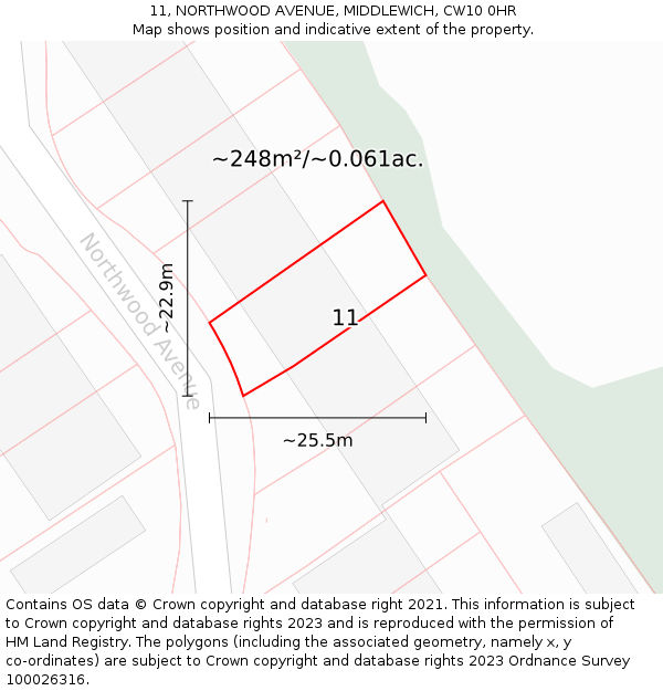 11, NORTHWOOD AVENUE, MIDDLEWICH, CW10 0HR: Plot and title map