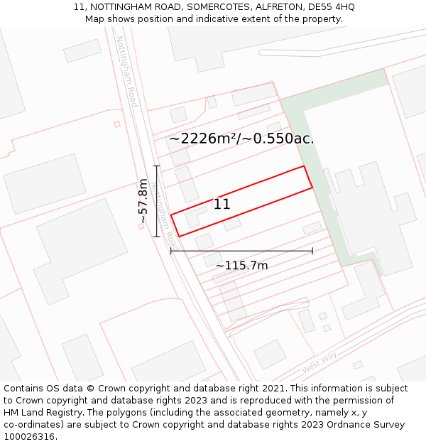 11, NOTTINGHAM ROAD, SOMERCOTES, ALFRETON, DE55 4HQ: Plot and title map