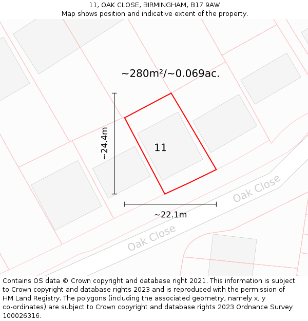 11, OAK CLOSE, BIRMINGHAM, B17 9AW: Plot and title map