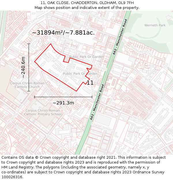 11, OAK CLOSE, CHADDERTON, OLDHAM, OL9 7FH: Plot and title map