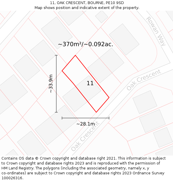 11, OAK CRESCENT, BOURNE, PE10 9SD: Plot and title map