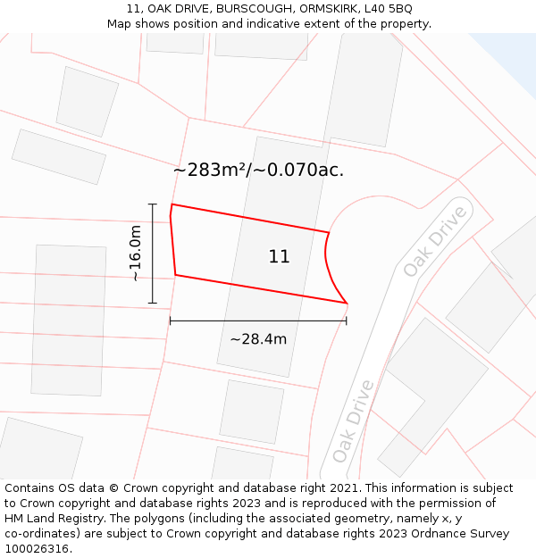 11, OAK DRIVE, BURSCOUGH, ORMSKIRK, L40 5BQ: Plot and title map