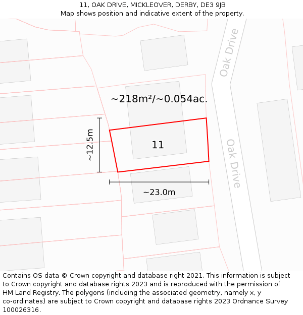 11, OAK DRIVE, MICKLEOVER, DERBY, DE3 9JB: Plot and title map