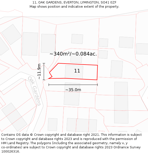 11, OAK GARDENS, EVERTON, LYMINGTON, SO41 0ZF: Plot and title map