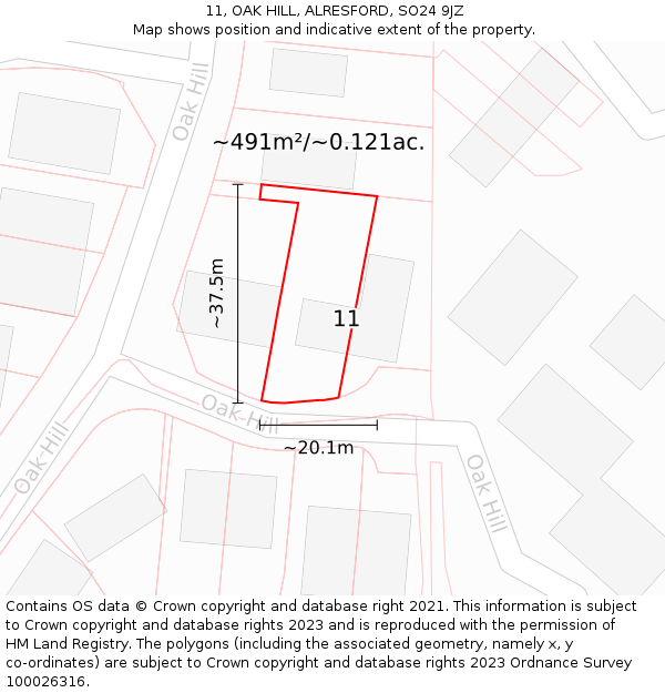 11, OAK HILL, ALRESFORD, SO24 9JZ: Plot and title map