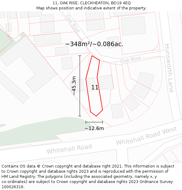 11, OAK RISE, CLECKHEATON, BD19 4EQ: Plot and title map