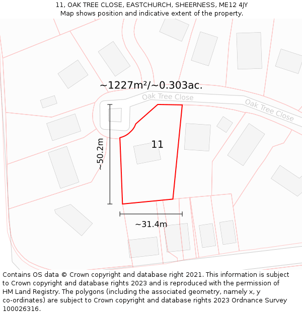 11, OAK TREE CLOSE, EASTCHURCH, SHEERNESS, ME12 4JY: Plot and title map