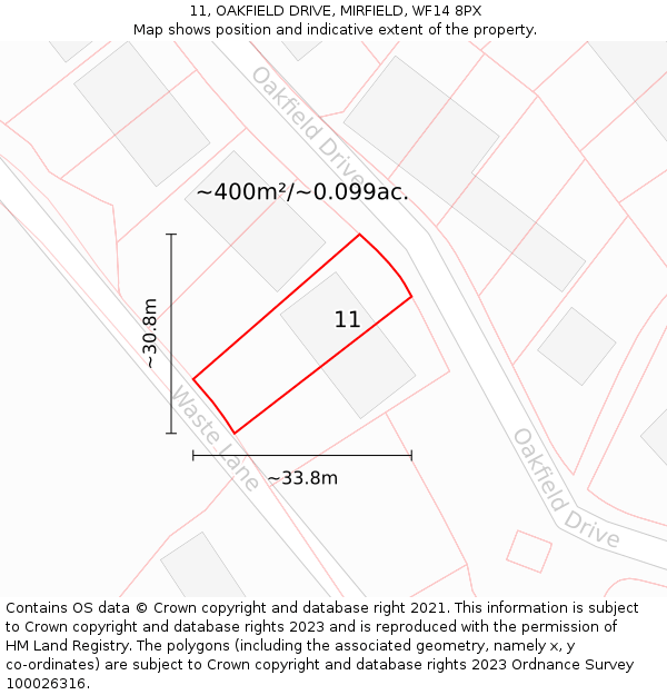 11, OAKFIELD DRIVE, MIRFIELD, WF14 8PX: Plot and title map