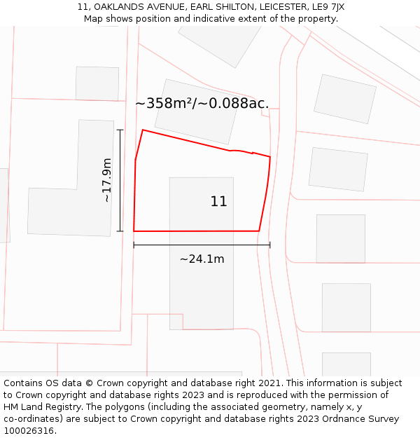 11, OAKLANDS AVENUE, EARL SHILTON, LEICESTER, LE9 7JX: Plot and title map