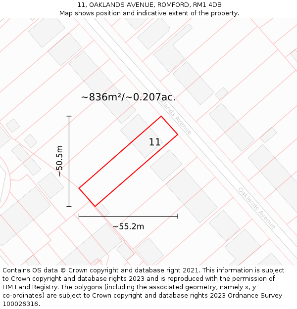 11, OAKLANDS AVENUE, ROMFORD, RM1 4DB: Plot and title map