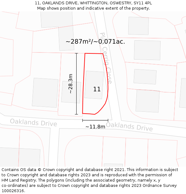 11, OAKLANDS DRIVE, WHITTINGTON, OSWESTRY, SY11 4PL: Plot and title map