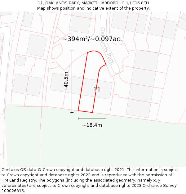 11, OAKLANDS PARK, MARKET HARBOROUGH, LE16 8EU: Plot and title map