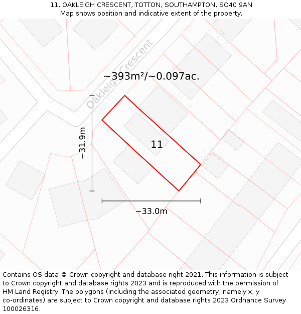 11, OAKLEIGH CRESCENT, TOTTON, SOUTHAMPTON, SO40 9AN: Plot and title map