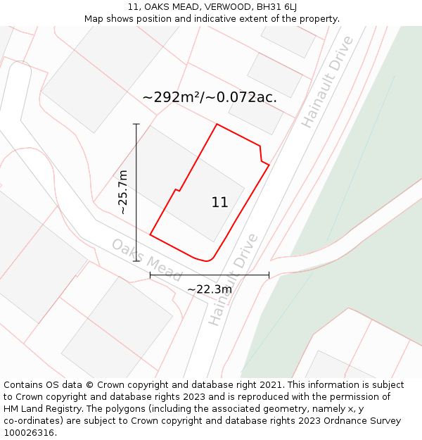 11, OAKS MEAD, VERWOOD, BH31 6LJ: Plot and title map