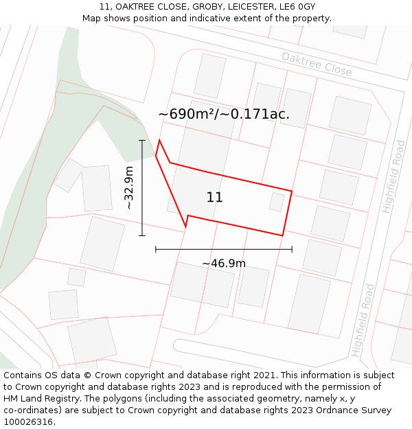 11, OAKTREE CLOSE, GROBY, LEICESTER, LE6 0GY: Plot and title map