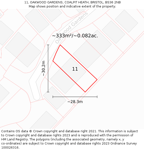 11, OAKWOOD GARDENS, COALPIT HEATH, BRISTOL, BS36 2NB: Plot and title map