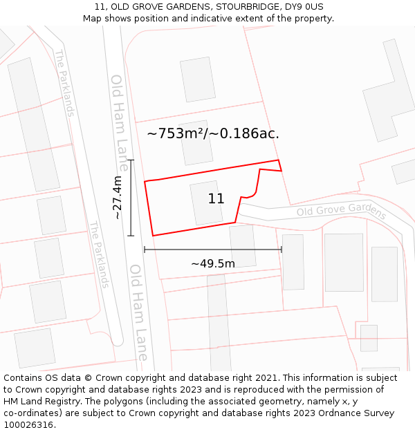 11, OLD GROVE GARDENS, STOURBRIDGE, DY9 0US: Plot and title map