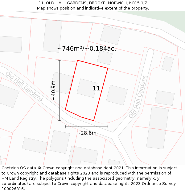 11, OLD HALL GARDENS, BROOKE, NORWICH, NR15 1JZ: Plot and title map